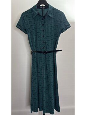 APT 9 Vintage Teal Shirt Polka Dot Midi Shirt Belt Waist Dress Button Front PM